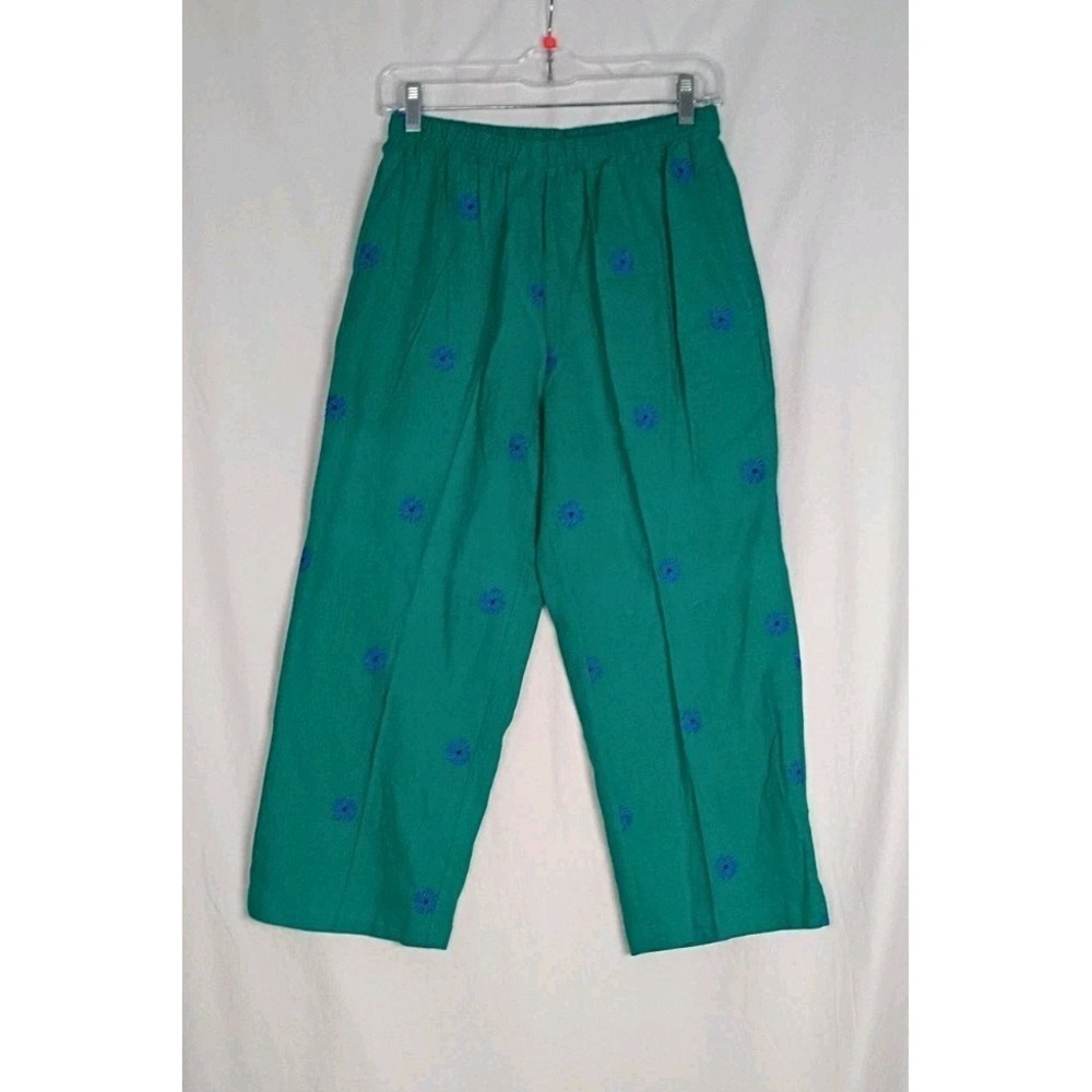 Kim Rogers Green Linen Blend Embroidery Pull On Ankle Pants size S